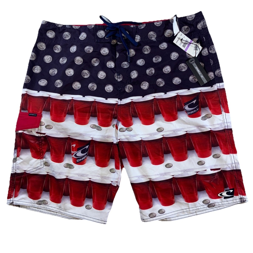 ONeill Mens Quarters Board Shorts Red Cup Party Print Swim Trunks 38 25106201